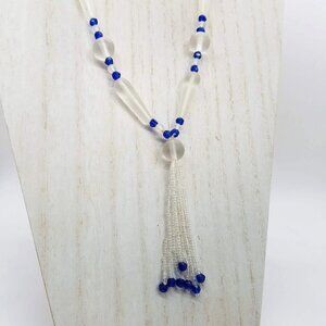 Vintage Glass Bead Tassel Necklace 31" Long Blue Clear Beads For Elegant Style
